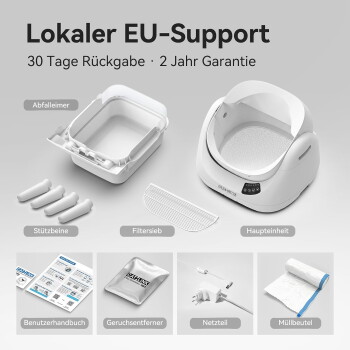 Set für automatische Katzentoilette mit Abfallbehälter, Filter, Standfüßen, Netzteil, Geruchsbeutel und Beuteln; Text auf Deutsch: 'Lokaler EU-Support'.