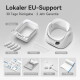 Set für automatische Katzentoilette mit Abfallbehälter, Filter, Standfüßen, Netzteil, Geruchsbeutel und Beuteln; Text auf Deutsch: 'Lokaler EU-Support'.