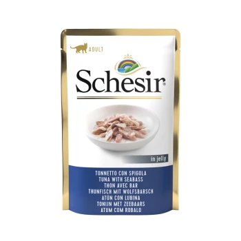 Schesir Erwachsenen Katzenfutterbeutel mit Thunfisch und Seebarsch in Gelee, mit einer Schüssel des Futters auf der Vorderseite.