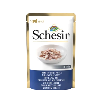 Schesir Erwachsenen Katzenfutterbeutel mit Thunfisch und Seebarsch in Gelee, mit einer Schüssel des Futters auf der Vorderseite.
