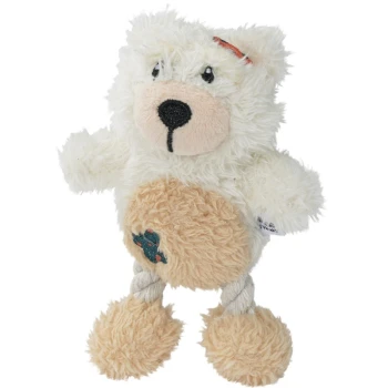 Ein flauschiges weißes Teddybär-Hundespielzeug mit einem beigen Bauch und Seilbeinen, das ein süßes Gesicht und ein kleines gesticktes Design aufweist.