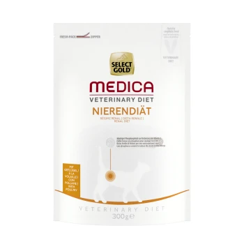 Medica Régime Rénal 300 g Select Gold Medica Veterinary Diet Nierendiät, paquet de 300g pour régime rénal, présentant une silhouette de chat et des informations nutritionnelles.