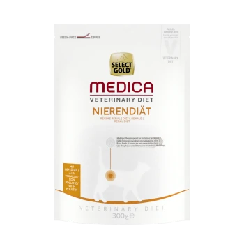 Select Gold Medica Veterinary Diet Nierendiät, paquet de 300g pour régime rénal, présentant une silhouette de chat et des informations nutritionnelles.
