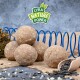 Fünf natürliche Tierfutterbälle sind auf Jute gestapelt, mit einem blauen Spiraltier und verstreuten Sonnenblumenkernen. Der Text lautet "LYRA NATURE POWER."