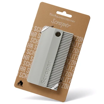 Tierhaarentferner-Schaber mit Kamm auf brauner Verpackung mit der Aufschrift „Tierhaarentferner Scraper“ der Marke Schlitzoh.