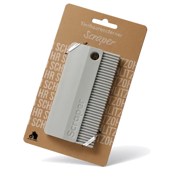 Tierhaarentferner-Schaber mit Kamm auf brauner Verpackung mit der Aufschrift „Tierhaarentferner Scraper“ der Marke Schlitzoh.