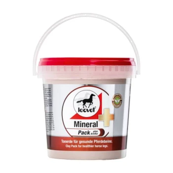 Behälter mit Leovet Mineral Pack plus Arnika für Pferdebeine, mit einem roten Deckel und einem Etikett mit einer Pferdesilhouette und Text in deutscher Sprache.