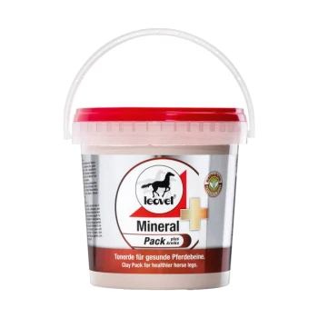 Behälter mit Leovet Mineral Pack plus Arnika für Pferdebeine, mit einem roten Deckel und einem Etikett mit einer Pferdesilhouette und Text in deutscher Sprache.