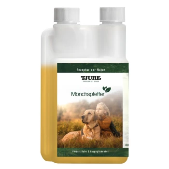 Flasche mit flüssigem Nahrungsergänzungsmittel mit der Bezeichnung "Mönchspfeffer" und einem naturthemen Design, das Ruhe und Balance für Haustiere fördert.