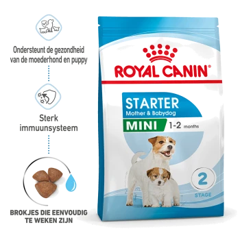 Royal Canin Starter Mother & Babydog Mini verpakking toont een moeder en puppy, met nadruk op gezondheidssteun en immuunvoordelen.