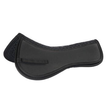 Schwarze gepolsterte Satteldecke mit einer gesteppten Textur, mit einem Griff für eine einfache Befestigung.