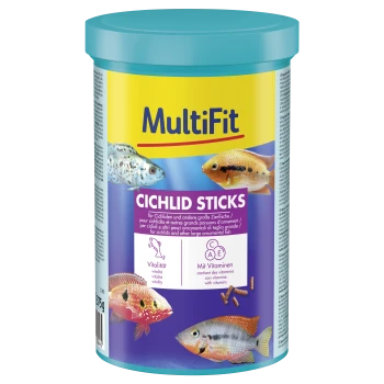 MultiFit Cichlid Sticks Fischfutter für große Zierfische mit den Vitaminen A, C, E und Vitalität, 375g Behälter.