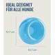 Blaues Hundespielzeug mit einem Durchmesser von 12,7 cm, beschriftet mit 'Ideal geeignet für alle Hunde' auf einem hellen Hintergrund.