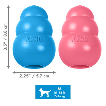 Niebieskie i różowe zabawki KONG z wytłoczonym napisem 'KONG', wymiary 3,5"×2,25", etykieta rozmiaru M '15–35 lb / 7–16 kg'.