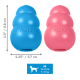 Blaue und pinke KONG-Hundespielzeuge, geprägt mit 'KONG', Maße 3,5"×2,25", Größenkennzeichnung M '15–35 lb / 7–16 kg'.