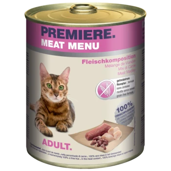 Een blik 'Premiere Meat Menu' kattenvoer met een Bengaalse kat op het etiket, graanvrij en gemaakt met 100% vers vlees.