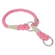 A pink braided rope dog collar with a metal ring and beige accents, designed for pet safety and style.