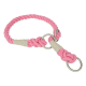 A pink braided rope dog collar with a metal ring and beige accents, designed for pet safety and style.