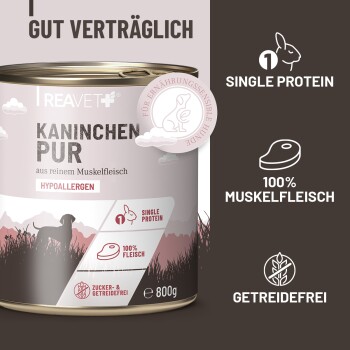 Dose Reavet Kaninchen Pur hypoallergenes Kaninchen-Muskelfleisch-Hundefutter, 800g, Einzelprotein, getreide- und zuckerfrei.