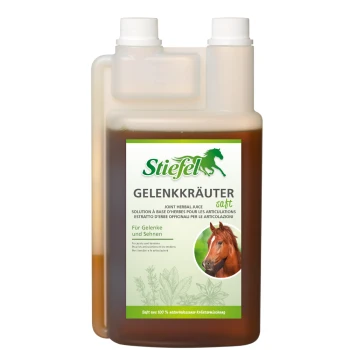 Stiefel Gelenkkräuter Saft, ein Gelenkkräutersaft für Pferde, in einer klaren Flasche mit einem grünen Etikett, das einen Pferdekopf und Kräuterillustrationen zeigt.