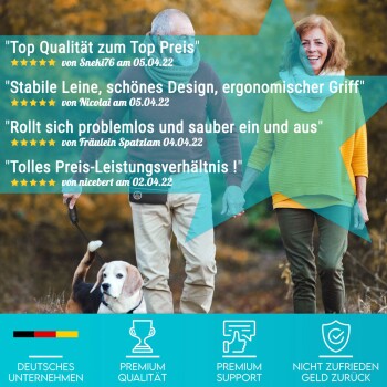 Bild eines Paares, das einen Hund im Park ausführt, mit positiven Kundenbewertungen zu einem Haustierprodukt, mit Zitaten und Sternebewertungen.