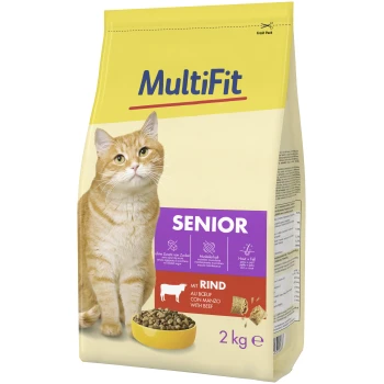 Beutel mit "MultiFit Senior" Katzenfutter für orangefarbene Tabby, das Muskelpflege und Hautgesundheit fördert. Rindfleischgeschmack, 2 kg, ohne Zuckerzusatz.