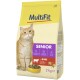 Beutel mit "MultiFit Senior" Katzenfutter für orangefarbene Tabby, das Muskelpflege und Hautgesundheit fördert. Rindfleischgeschmack, 2 kg, ohne Zuckerzusatz.