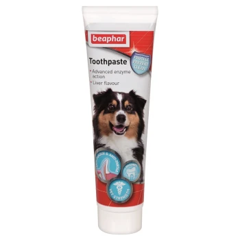 Beaphar toothpaste for pets, featuring advanced enzyme action and liver flavor, with claims of plaque prevention and vet strength.