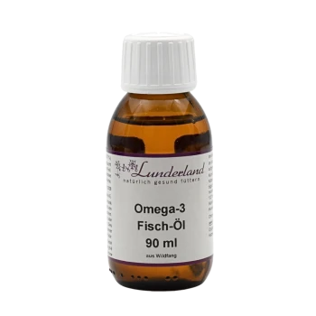 Bernsteinfarbene Glasflasche, beschriftet mit "Lunderland Omega-3 Fisch-Öl 90 ml", mit weißem Schraubverschluss