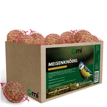 Schachtel Orni Meisenknödel Vogelfutterbälle mit Insekten und Früchten, 100 Stück, je 95g, mit Bild einer Blaumeise.