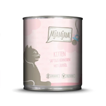 Nassfutter Katze Kitten, Huhn mit Lachsöl 6x800 g Eine Dose Mjamjam Kittenfutter mit einer Katzensilhouette auf einem rosa Hintergrund, beschriftet mit "KITTEN SAFTIGES HÜHNCHEN MIT LACHSÖL." Getreidefrei und hoher Fleischanteil.