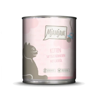 Eine Dose Mjamjam Kittenfutter mit einer Katzensilhouette auf einem rosa Hintergrund, beschriftet mit "KITTEN SAFTIGES HÜHNCHEN MIT LACHSÖL." Getreidefrei und hoher Fleischanteil.