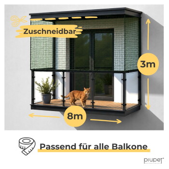 Eine Katze auf einem Holzdeck in einem Balkonbereich mit Sicherheitsnetz. Text: "Zuschneidbar" und "Passend für alle Balkone."