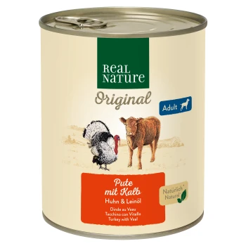 Canned pet food labeled "Real Nature Original" with turkey and calf illustrations, stating "Turkey with Veal" in German.