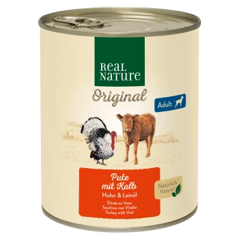 Dosenfutter für Haustiere mit der Aufschrift "Real Nature Original" mit Illustrationen von Truthahn und Kalb, die "Truthahn mit Kalb" auf Deutsch angeben.