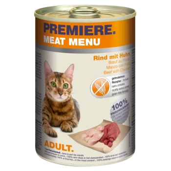 Eine Dose Premiere Meat Menu Katzenfutter mit einem getigerten Katzenetikett, "Rind mit Huhn," "100% Frisches Fleisch," und "Getreidefreie Formel."