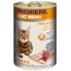 Eine Dose Premiere Meat Menu Katzenfutter mit einem getigerten Katzenetikett, "Rind mit Huhn," "100% Frisches Fleisch," und "Getreidefreie Formel."