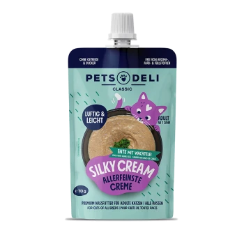 PETS DELI Classic Silky Cream Katzenfutterbeutel mit Ente und Wachtelei, getreide- und zuckerfrei, für erwachsene Katzen 70g.