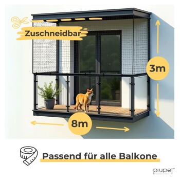 Eine Katze steht auf einem Balkon mit einem schwarzen Netzgehege, das 3 m hoch und 8 m breit ist, beschriftet mit 'Zuschneidbar' und 'Passend für alle Balkone.'
