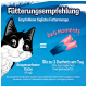 Blaues Poster mit gezeichnetem Smoking-Kater und pinken Deli Moments-Sachets; deutscher Text 'Fütterungsempfehlung' und 'Bis zu 2 Sachets'.