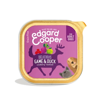 Edgard & Cooper grain-free dog food for adult dogs, game & duck flavor with cranberry and beetroot, purple packaging.