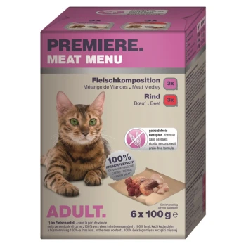 Meat Menu Adult 6x100g Hundefutterverpackung mit einer Bengal-Katze und grünen Augen, beschriftet mit 'Premiere Meat Menu', das eine getreidefreie Fleischmischung aus Rindfleisch enthält.