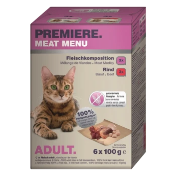Hundefutterverpackung mit einer Bengal-Katze und grünen Augen, beschriftet mit 'Premiere Meat Menu', das eine getreidefreie Fleischmischung aus Rindfleisch enthält.