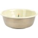 A ceramic pet bowl with a glossy cream interior and a metallic silver exterior, featuring a colorful rainbow design at the bottom.