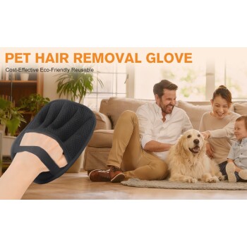Fellentfernungs-Handschuh wird in der Hand gehalten, im Hintergrund sitzen Familie und Golden Retriever Hund auf dem Wohnzimmerboden, Text „FELLENTFERNUNGS-HANDSCHUH Kostengünstig Umweltfreundlich Wiederverwendbar“.