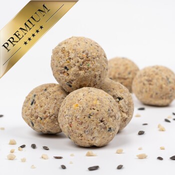 Premium-Haustierfutterbällchen auf einem weißen Hintergrund gestapelt, mit verstreuten Samen um sie herum.