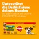 Pedigree Hundefutterverpackung mit einem riesigen Paket von 80 Portionen, mit Text zur Unterstützung der Bedürfnisse von Hunden und einer Auswahl an Geschmacksrichtungen.