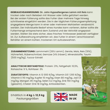 Verpackung des hypoallergenen Lamm- und Reis-Hundefutters von Dr. John, mit Zutaten, Fütterungshinweisen und Nährwertanalyse auf Deutsch.