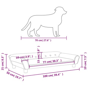 Illustration eines Hundebetts mit der Beschriftung 100 cm (39,4") L, 50 cm (19,7") B, 21 cm (8,3") H, mit einer 70 cm (27,6") Hundesilhouette.