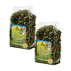 Zwei transparente Beutel mit JR Farm Spitzwegerich, die getrocknete Plantain und Wildblumen enthalten, als Snack für Haustiere gekennzeichnet.